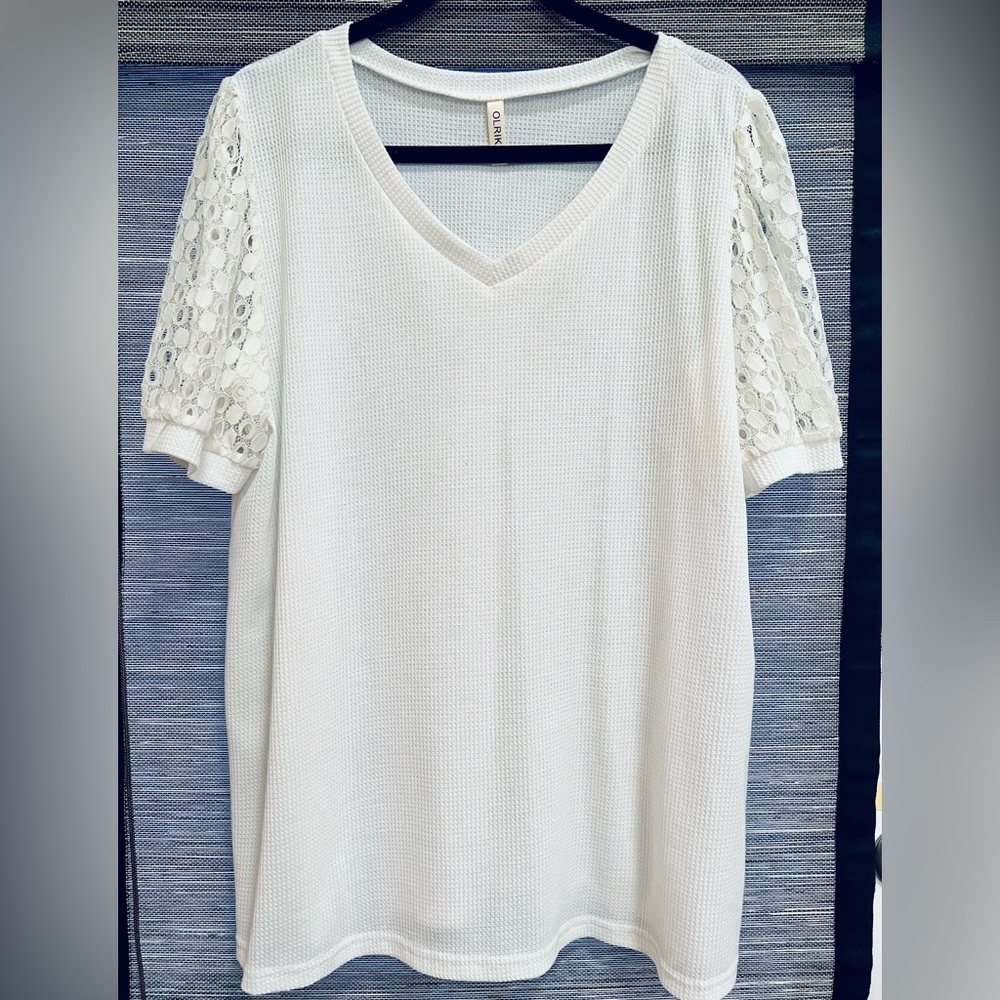 White V-Neck Top with Lace Sleeves